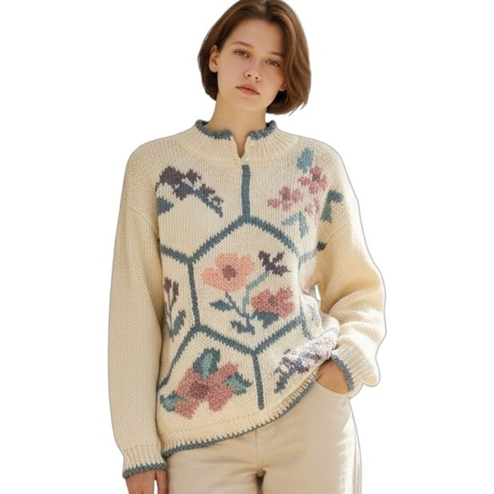 Maggie Lawrence Cream Floral Hexagon‎ Hand Knit Design Sweater Medium Jr Ms